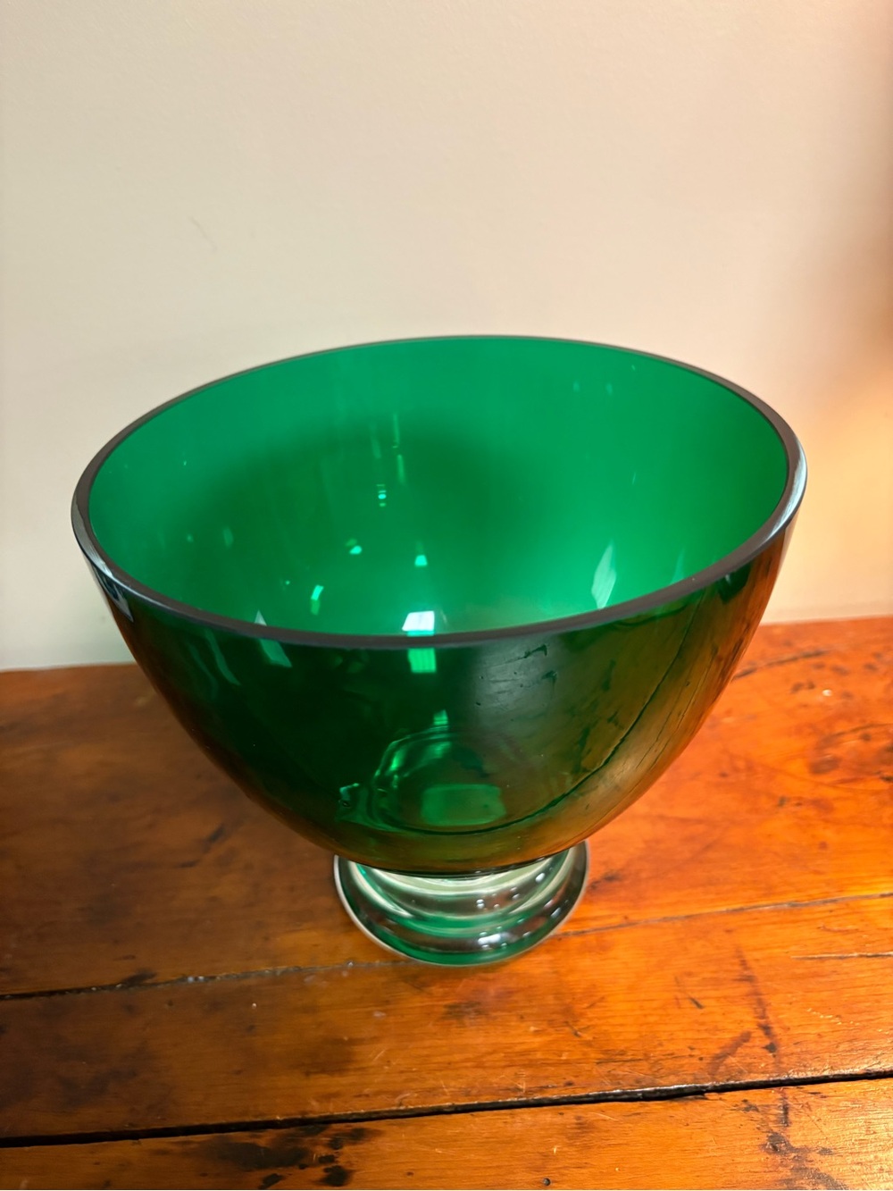 Emerald Glass Decorative Bowl - Green Modern Centerpiece Clear Footed Base